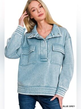 NWOT Zenana Acid Wash Snap Button Fleece Lined Sweatshirt Size M